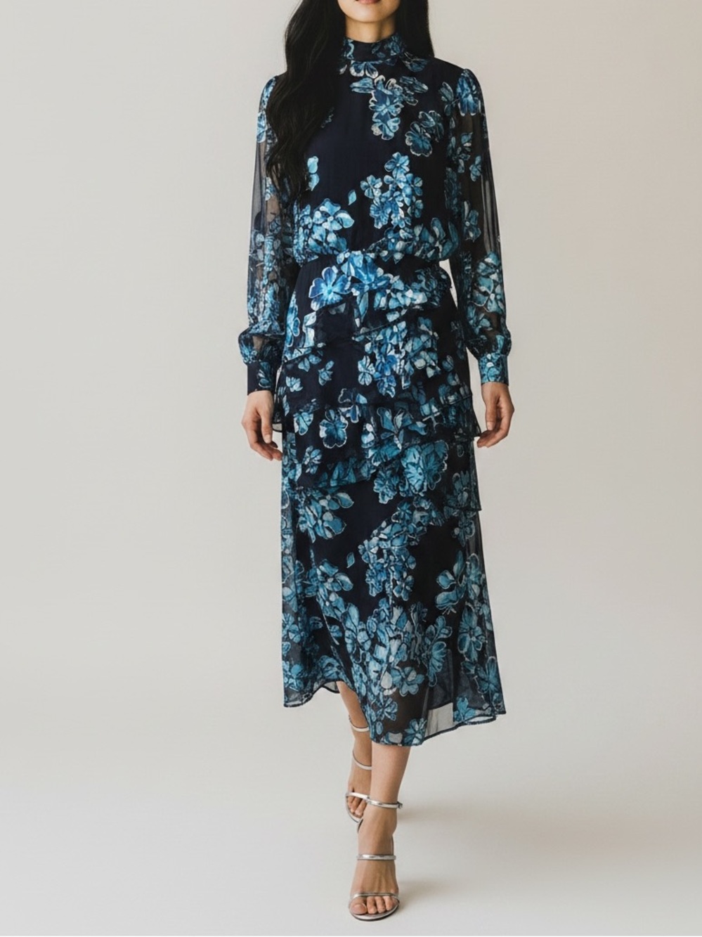 Saloni Isa Floral Ruffle Navy Blue Rose Tiered Midi Dress Women 8
